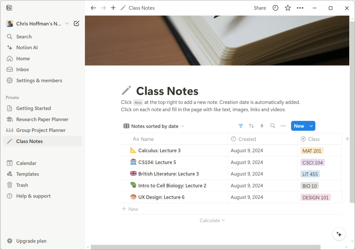 Screenshots of Notion, the best note-taking app for students