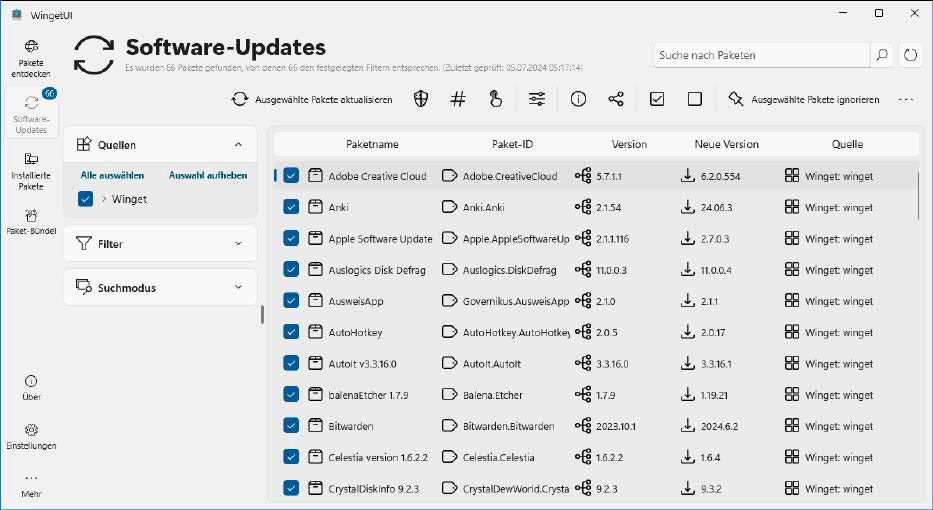  Winget UI zeigt an, für welche Software auf dem PC Aktualisierungen bereitstehen. Das Update kann automatisch erfolgen – oder Sie wählen manuell gezielt Programme für die Aktualisierung aus.