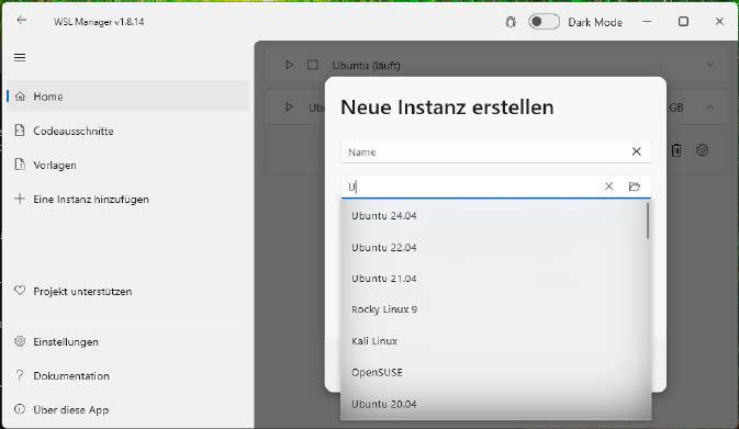 Linux-Subsystem verwalten: Mit WSL2-Distro-Manager erhalten Sie Zugriff auf die WSLKonfiguration, und es lassen sich schnell weitere Linux- Distributionen einrichten.