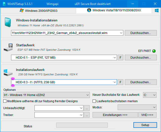 Windows-Schnellinstallation: Win NT Setup extrahiert das Windows-Installationsabbild für Windows-To-Go auf einen USB-Stick oder in eine VHD-Datei.