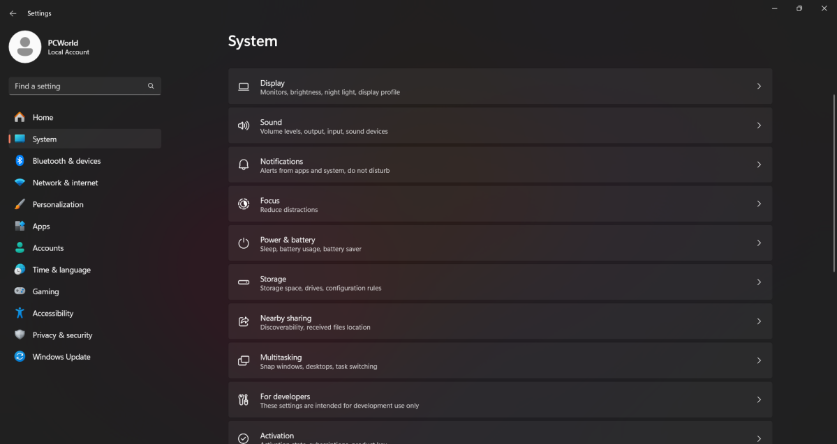 Windows 11 Settings menu