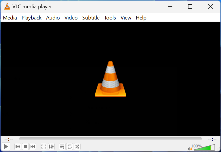 VLC media player black screen with nothing loaded except the VLC orange cone logo screenshot