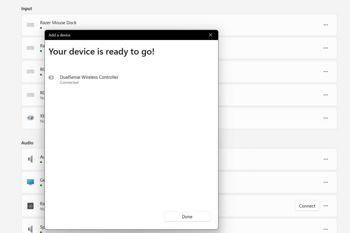 Captura de pantalla de la configuración de Bluetooth de Windows 11 conectada al controlador PlayStation DualSense