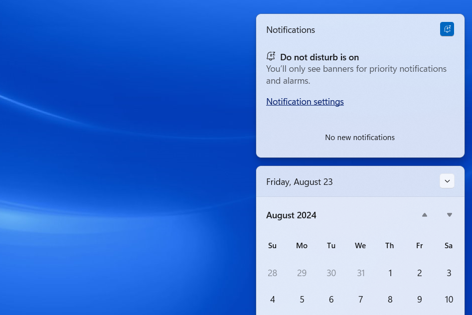 Windows 11 Notification Center with Do Not Disturb enabled screenshot