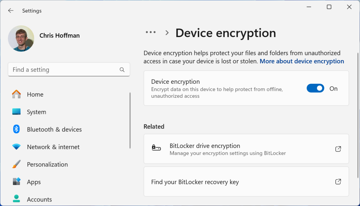 Windows 11 settings page for Device Encryption feature