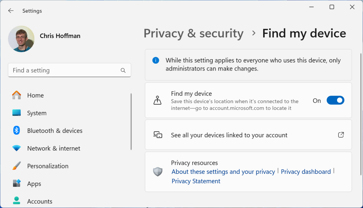 Windows 11 settings page for Find My Device feature