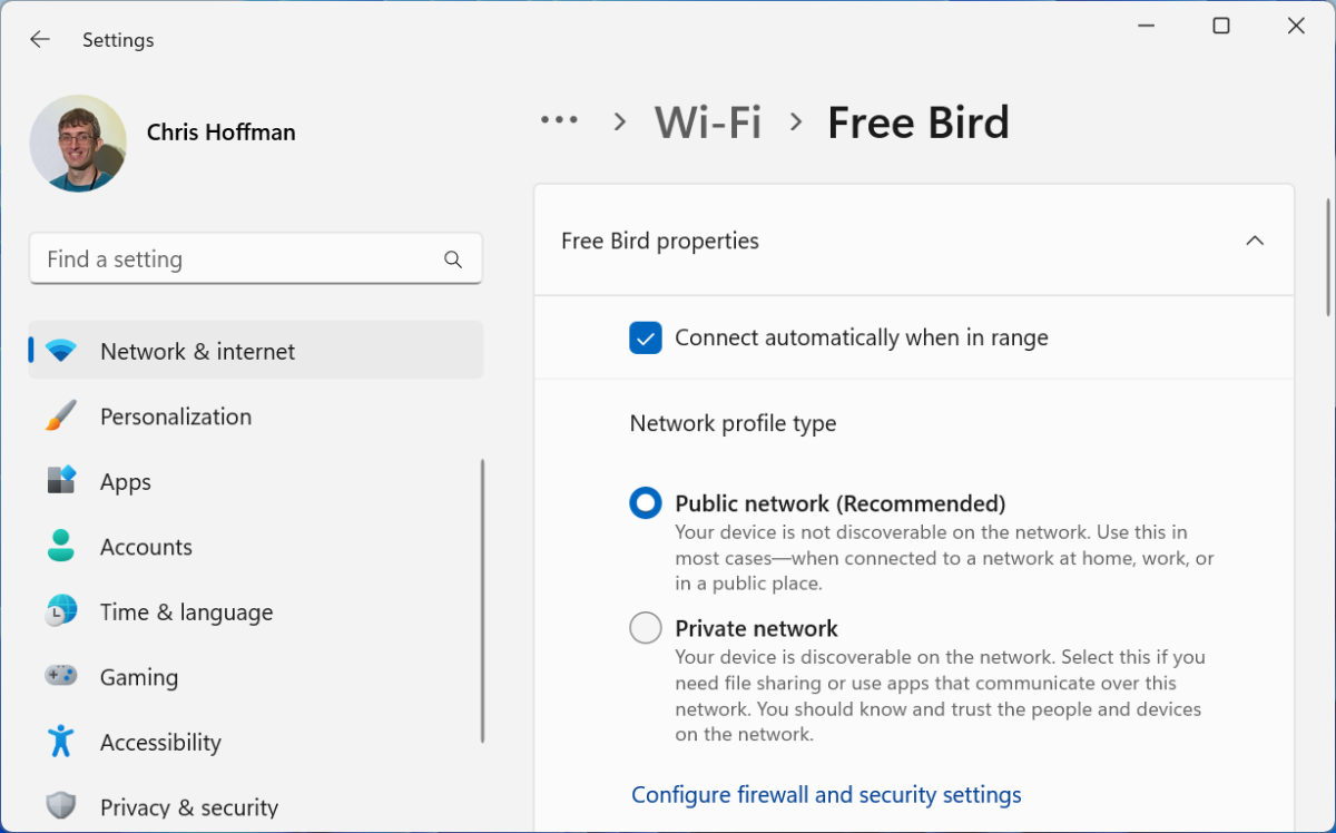 Windows 11 settings page for Public Network setting