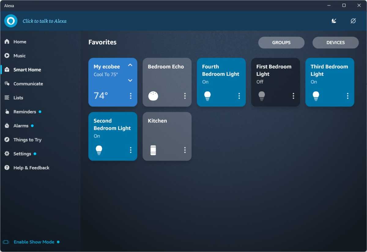 Alexa app for Windows with controls for Ecobee, lights, and Echo speakers