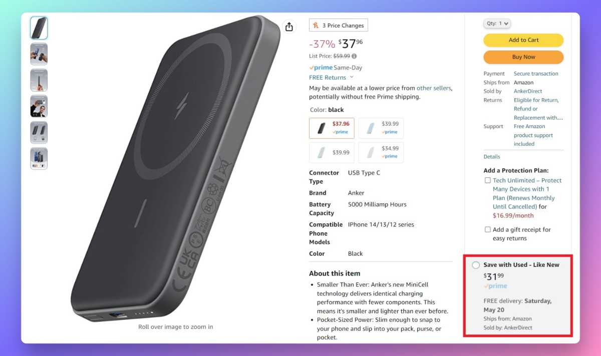 Página de producto de Amazon que destaca una batería Anker usada