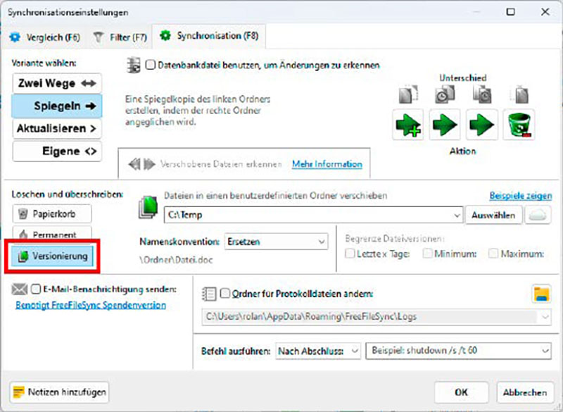 Dateien in der CloFree File Sync bietet in seinen Konfigurationseinstellungen unter „Versionierung“ das Verschieben des Quellordners, tatsächlich handelt es sich jedoch um eine Kopieraktion.ud clever managen