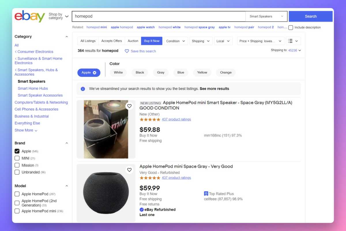 eBay search highlighting used HomePod Mini speakers