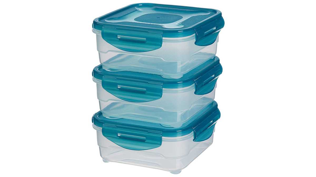 Stack of three plastic food containers, against a white backdrop