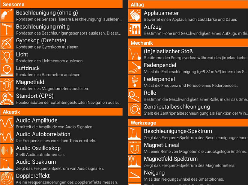 Nur ein Ausschnitt der vielen Experimente in der Gratis-App Phyphox der Universität Aachen. Die Sensoren zum Erfassen der Messdaten sind ohnehin im Smartphone verbaut.