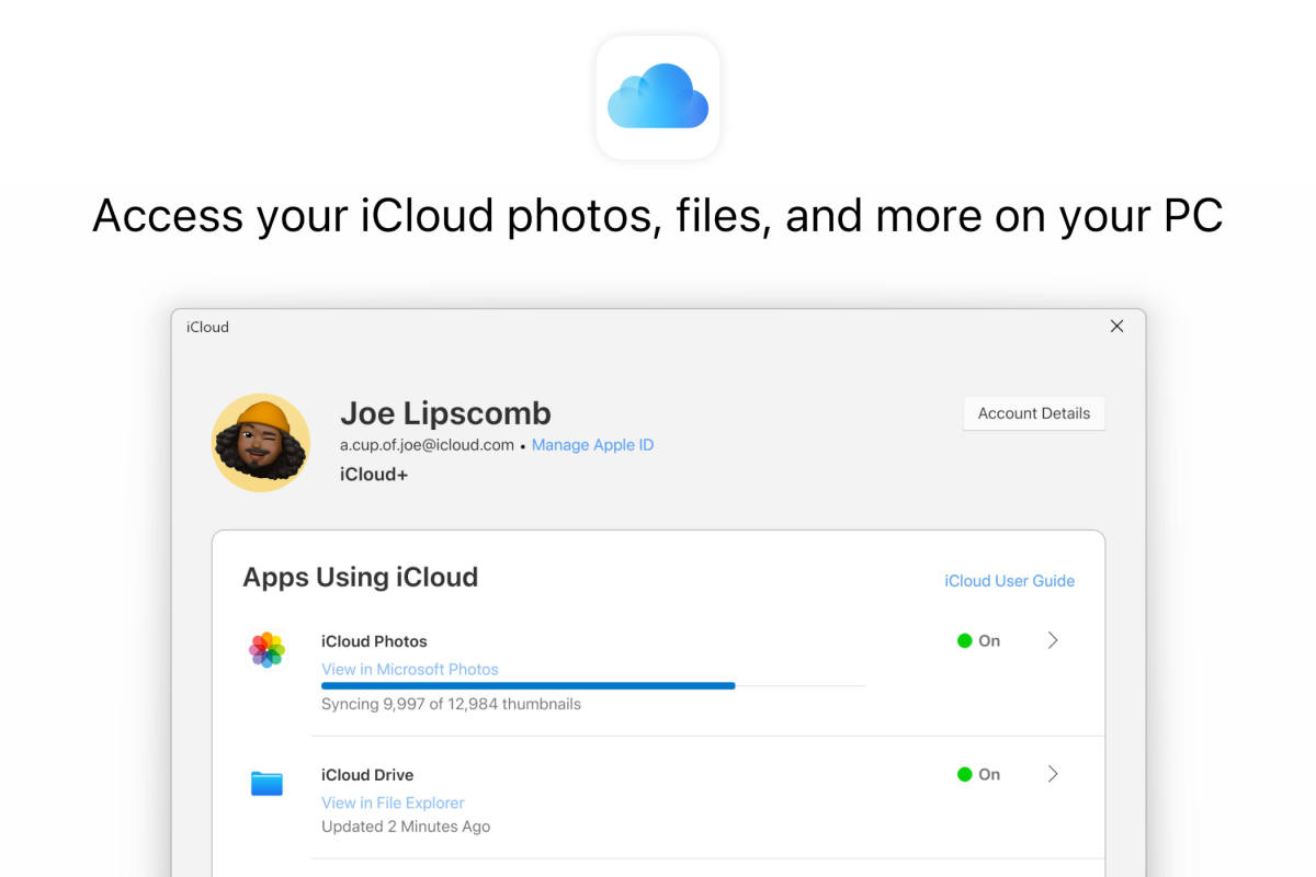 iCloud for Windows app promo to access iCloud media from PC screenshot