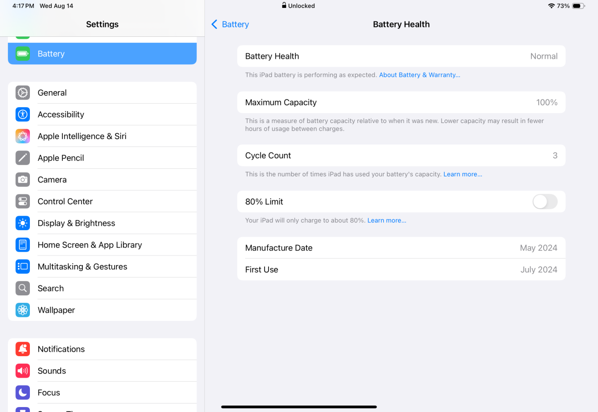 iPad battery health settings