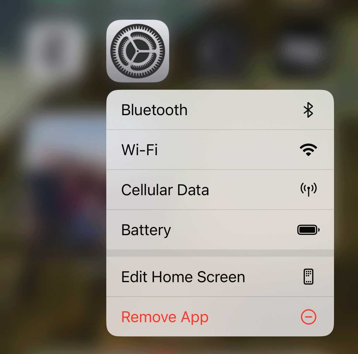 Configuración de iOS: toque y mantenga presionado para ver las opciones de Bluetooth, Wi-Fi, datos móviles y batería
