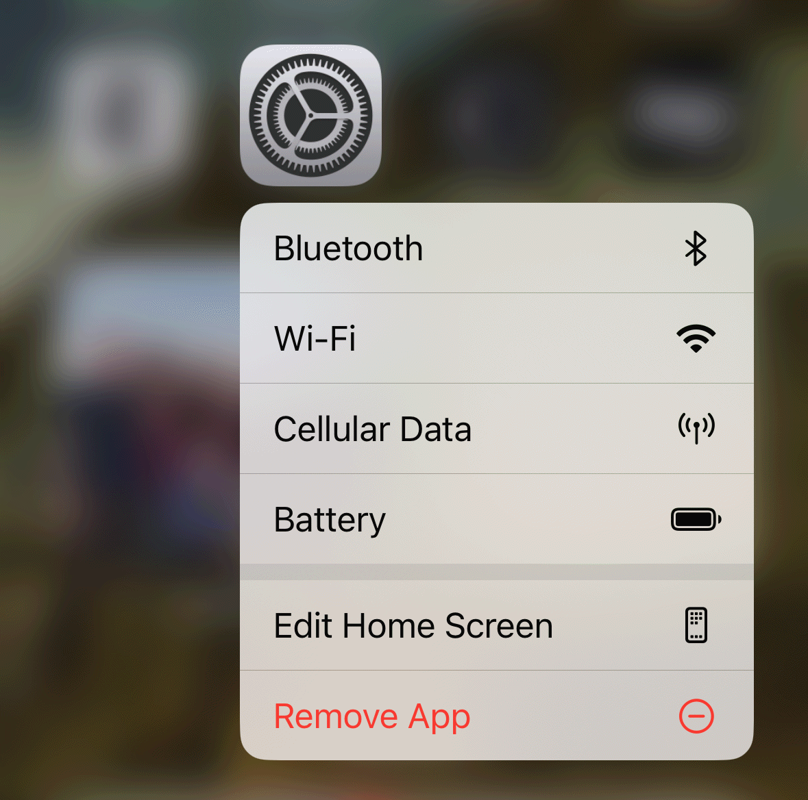 iOS Settings: Touch and hold to see options for Bluetooth, Wi-Fi, Cellular Data, and Battery