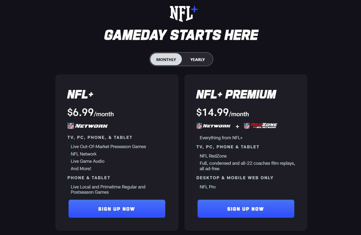 NFL+ Premium sign-up page