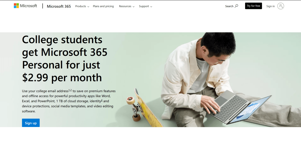 Student discount on Office 365 on the Microsoft website