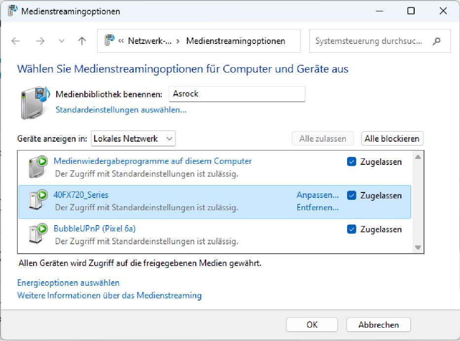 Zur Wiedergabe im Heimnetzwerk muss auf dem Windows-PC der DLNA-Server aktiviert werden. Für Streams aus dem Internet eignet sich die Methode jedoch nur bedingt.