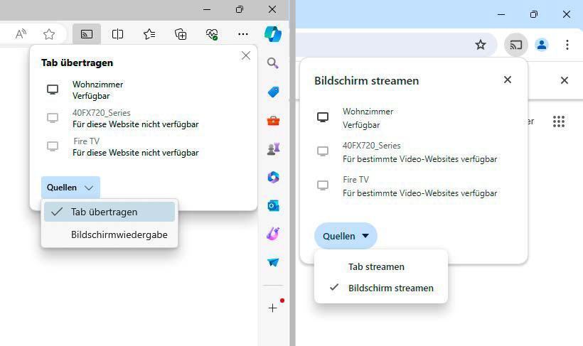 In Microsoft Edge (links) oder Google Chrome (rechts) lässt sich wahlweise ein Tab oder der gesamte Windows- Desktop per Chromecast auf den Fernseher übertragen.