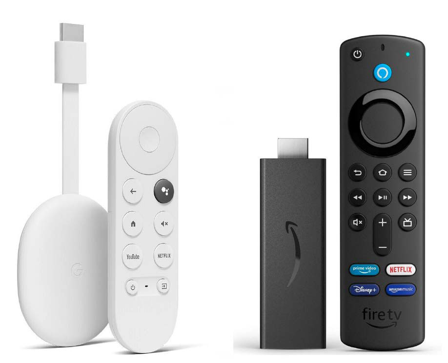 Streaming-Dongle wie Chromecast mit Google TV (links) oder Amazon Fire TV (rechts) machen nicht nur alte Fernseher smart, auch auf Smart-TVs bieten sie mehr Komfort und Funktionen.