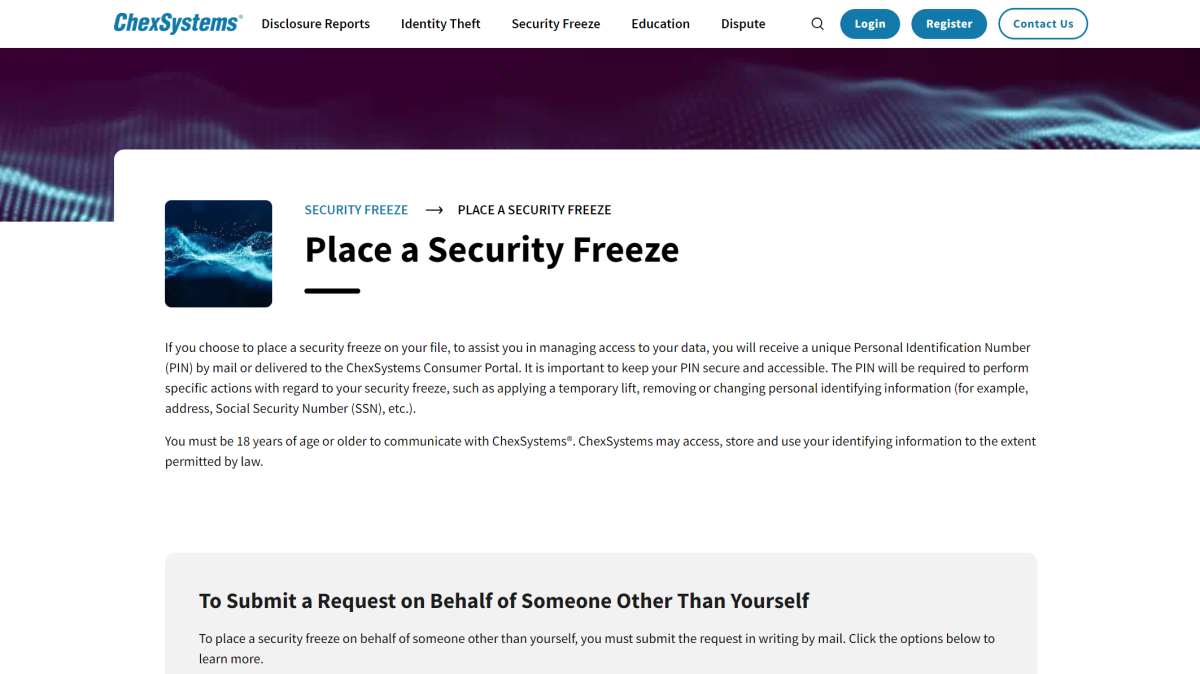 ChexSystems security freeze site