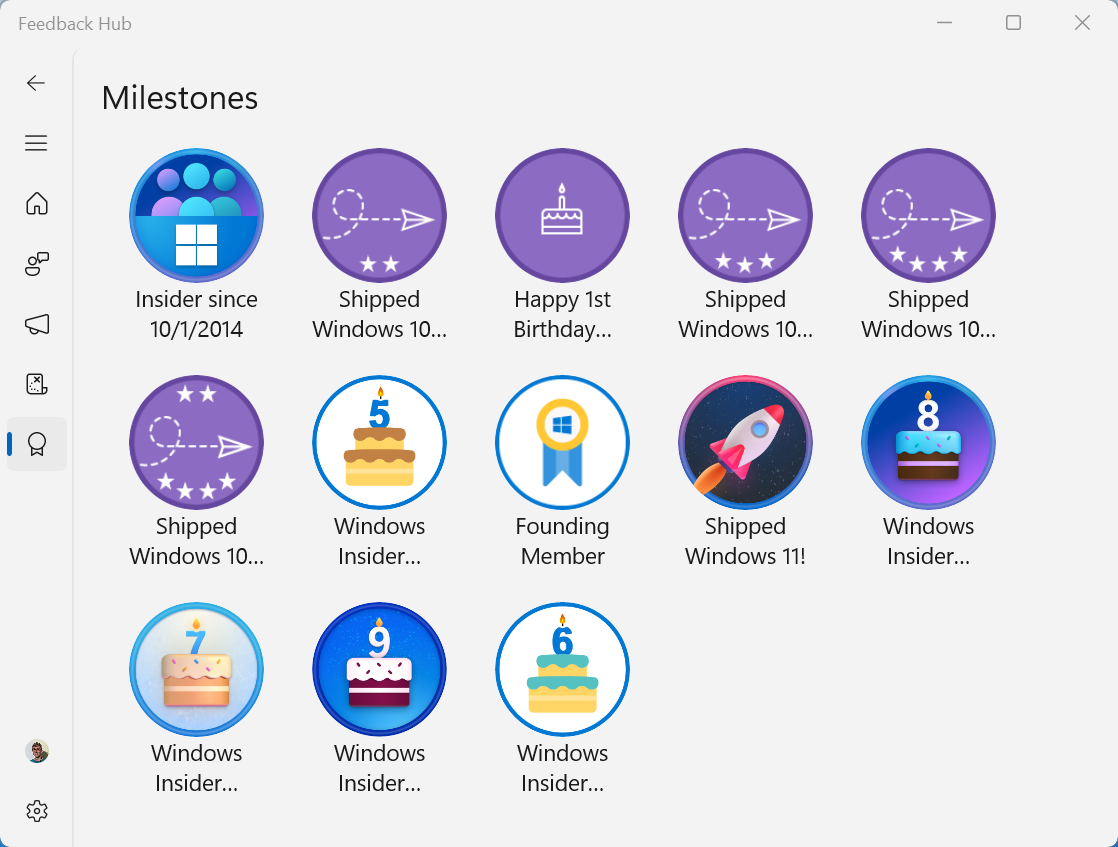 Milestone badges in Microsoft Feedback Hub screenshot