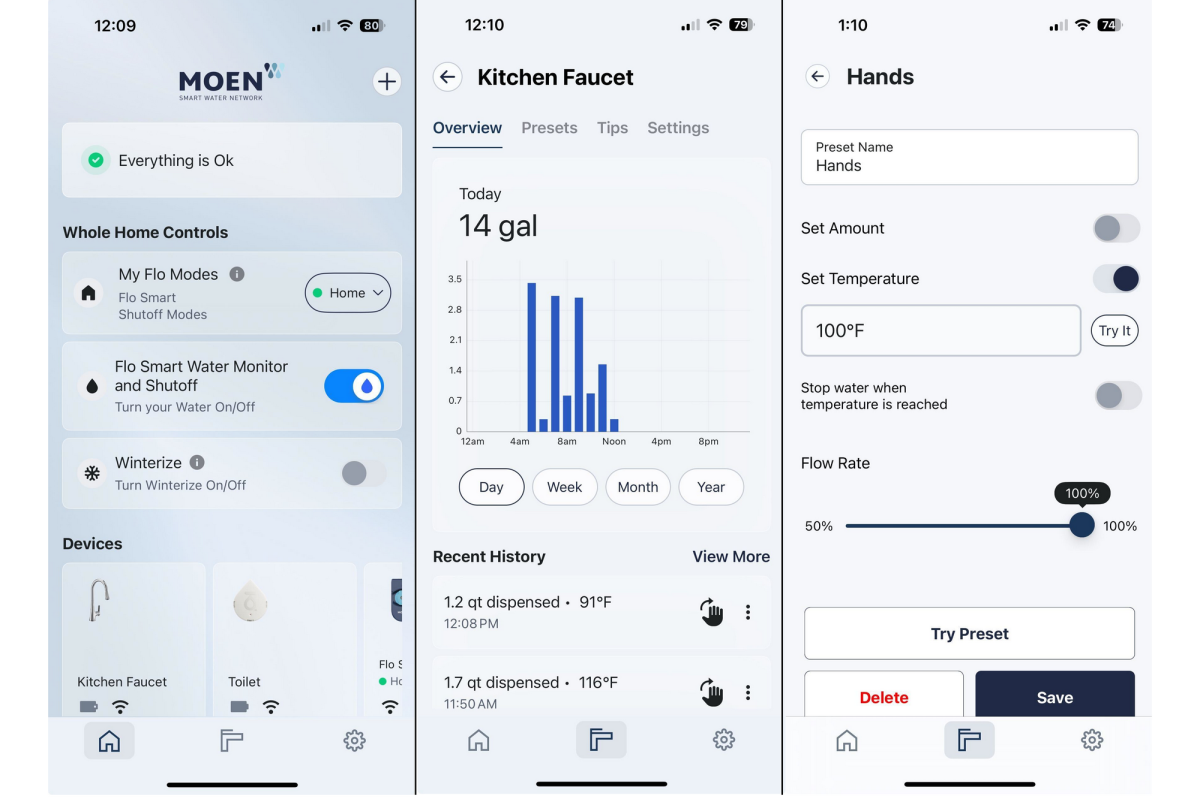 Moen Smart Water Network app screenshots