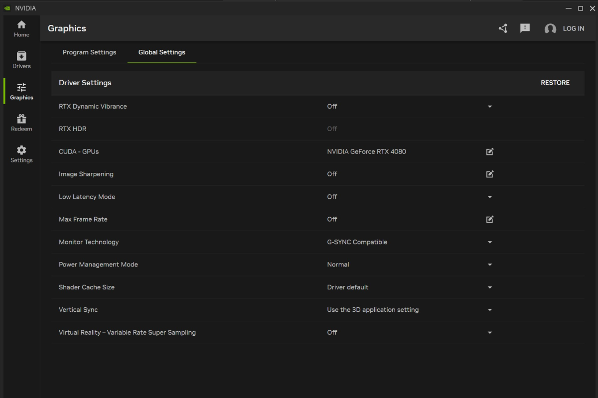 Nvidia App graphics section Global Settings screenshot