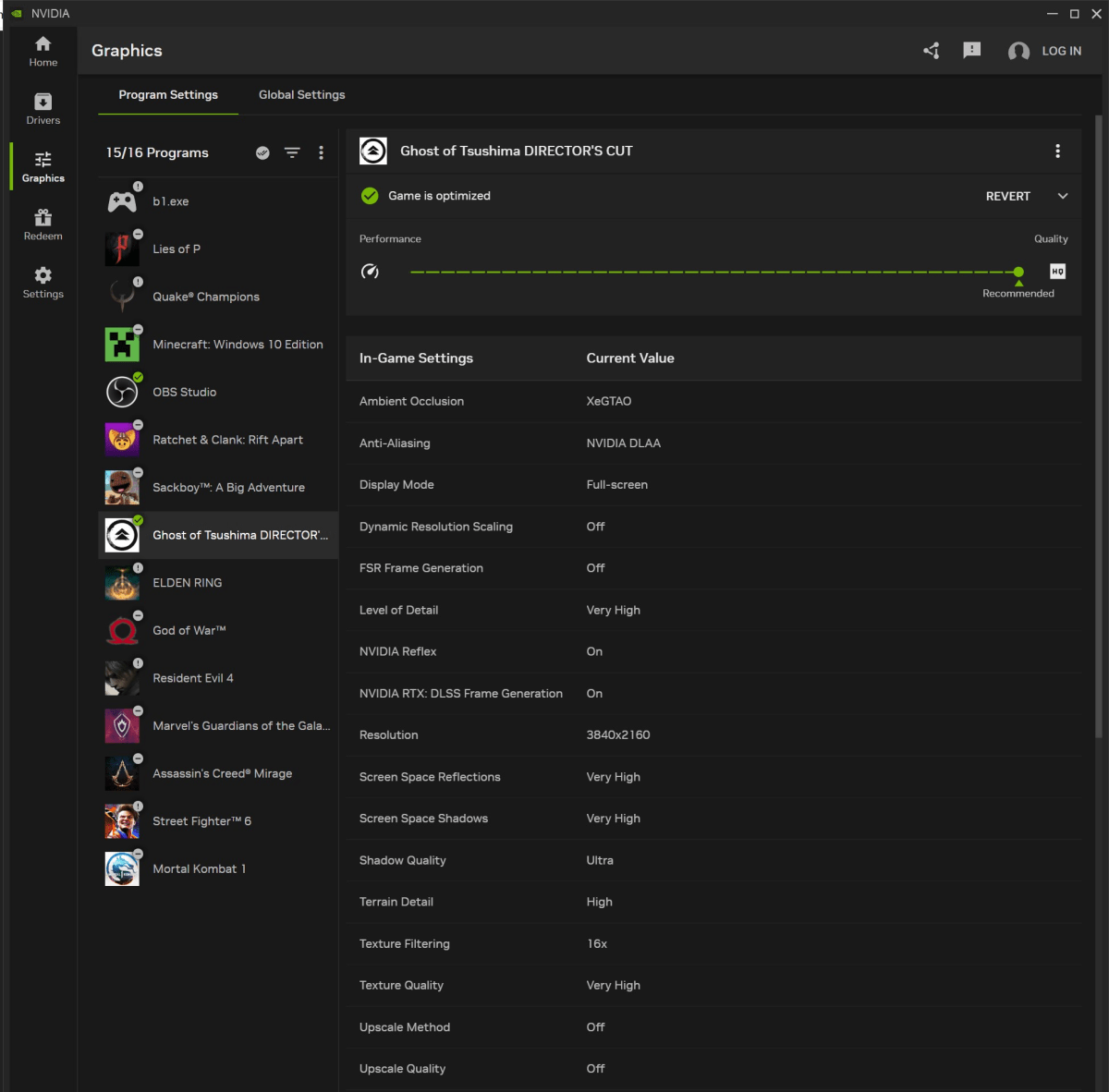 Nvidia App graphics section Program Settings for Ghost of Tsushima Director's Cut full screenshot