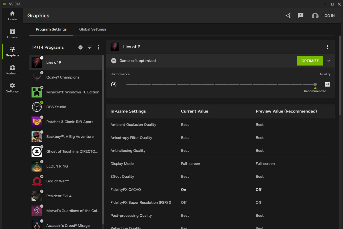 Nvidia App graphics section Program Settings for Lies of P screenshot
