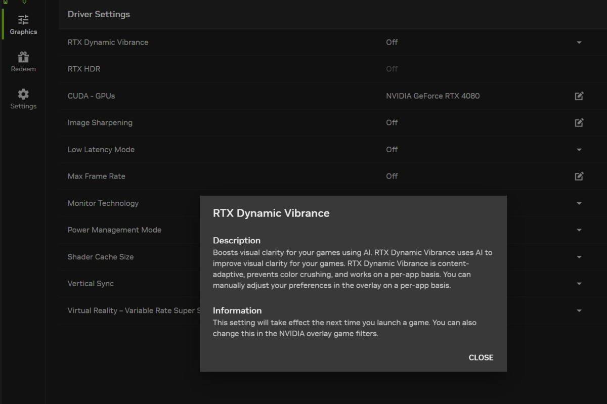 Nvidia App graphics section RTX Dynamic Vibrance setting screenshot