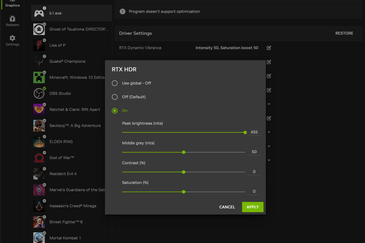 Nvidia App graphics section RTX HDR setting sliders screenshot