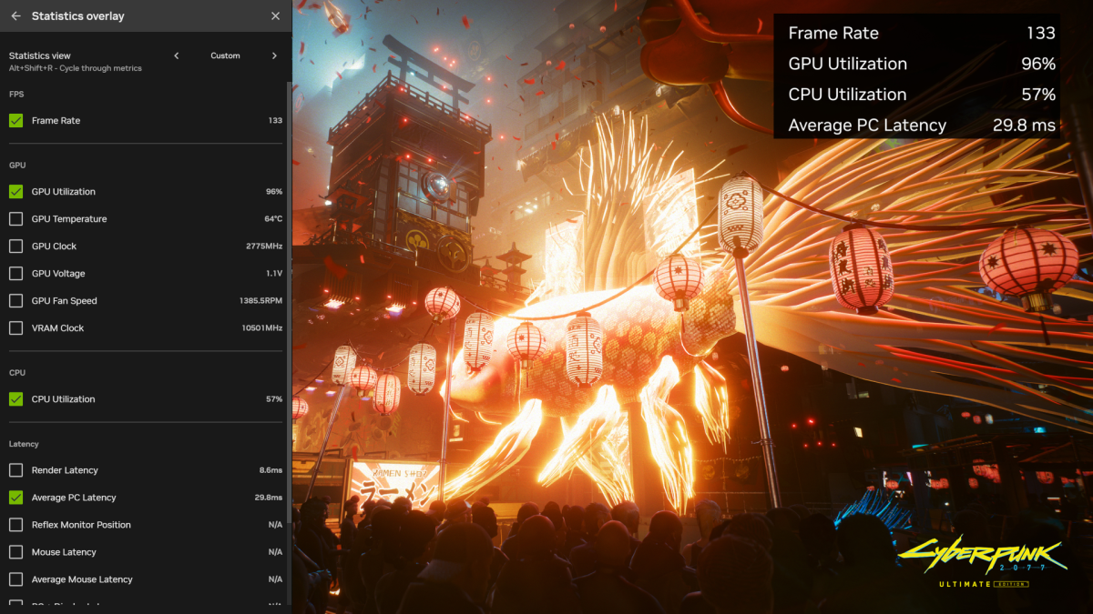 Nvidia App statistics overlay feature for Cyberpunk 2077 screenshot