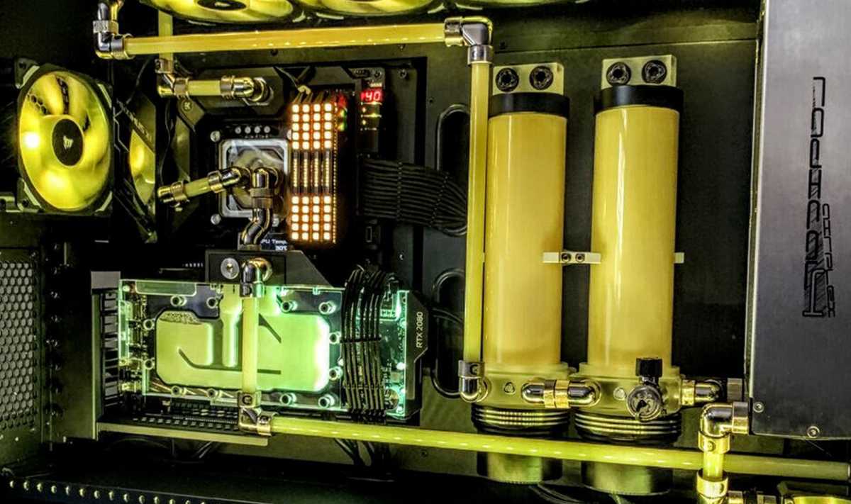 Powerful gaming PC internals with liquid cooling setup