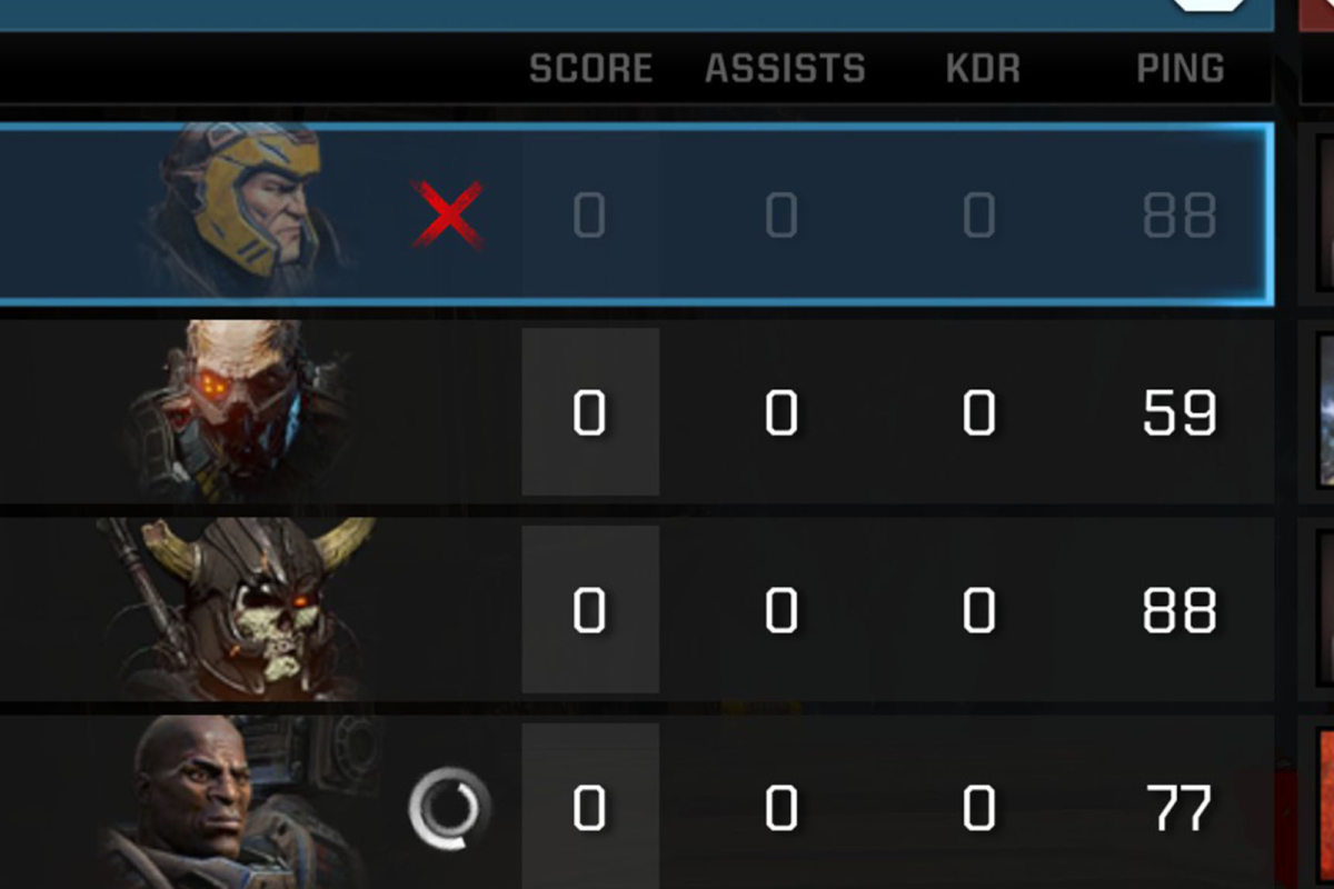 Quake Champions ping levels on scoreboard screenshot