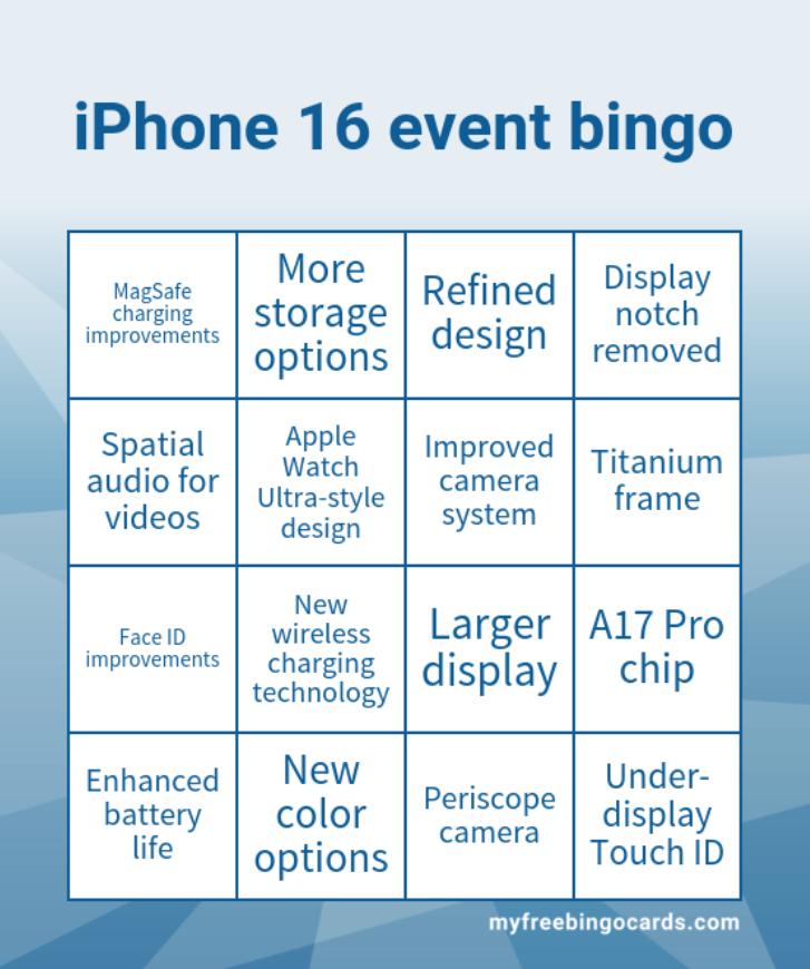 iPhone 16 event bingo card