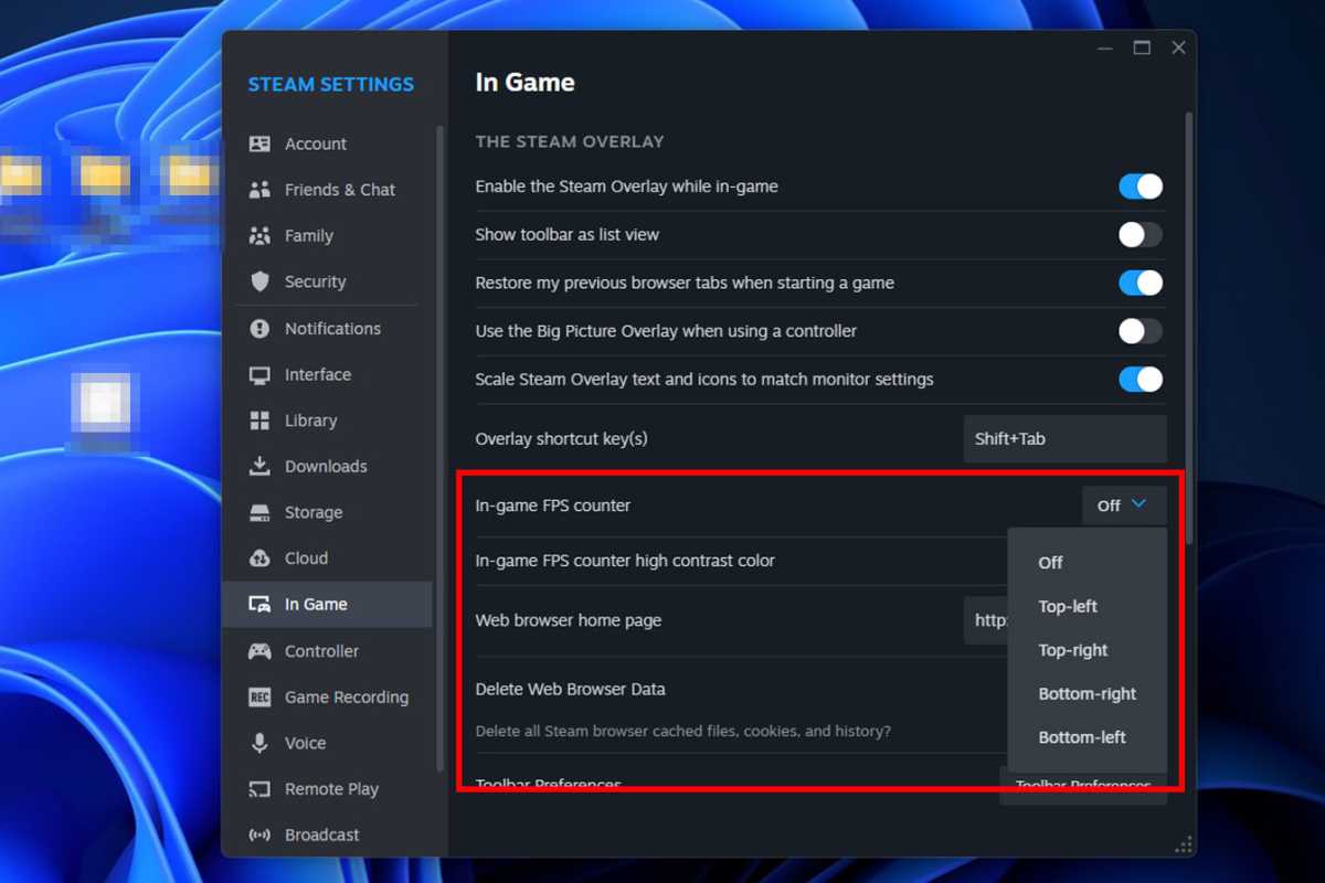 Steam settings for In-game FPS Counter feature screenshot