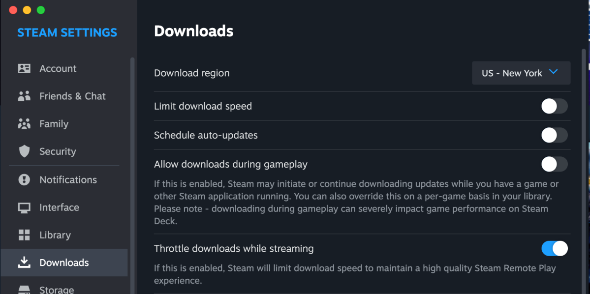 Steam settings page with download tweaks screenshot