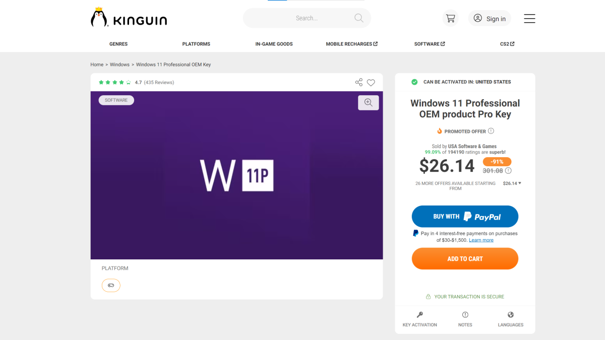 Windows 11 Pro listing on Kinguin