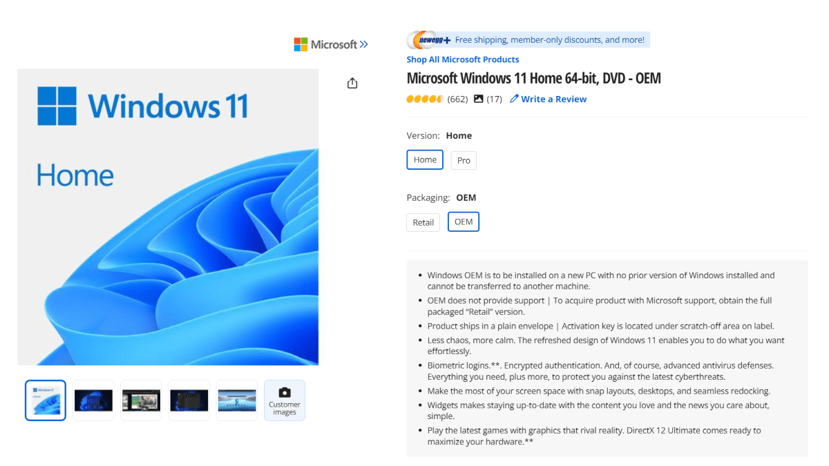 Windows 11 Home OEM listing on Newegg