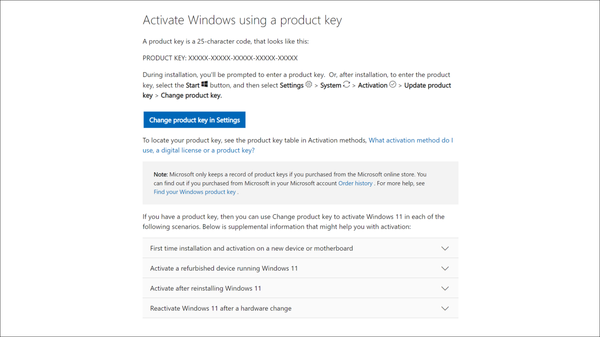 Windows 11 Activation explanation page on Microsoft website