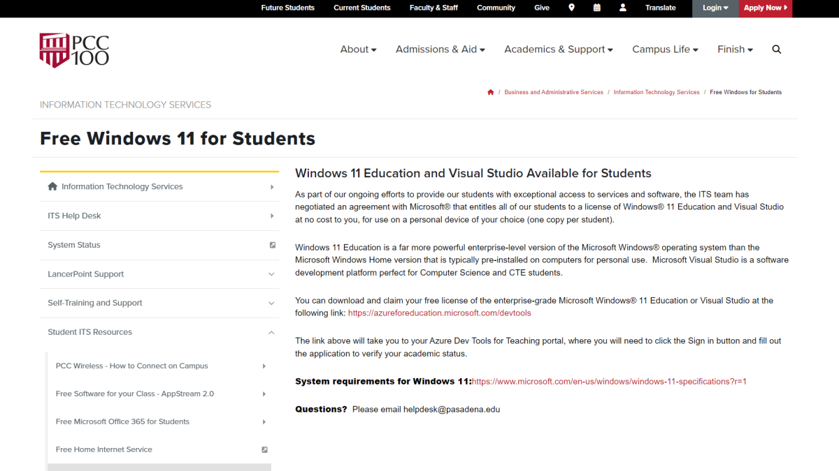 Pasadena City College's Free Windows 11 for Students program