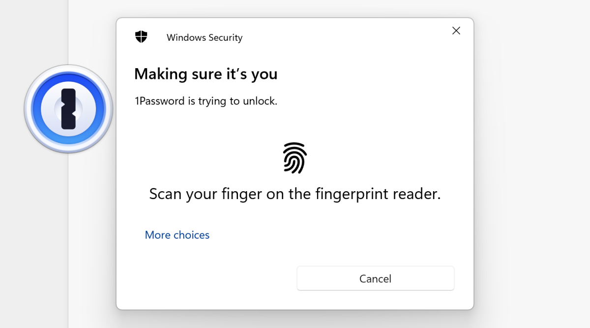 Windows Hello prompt unlocking 1Password app screenshot