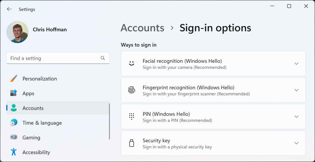 Windows Hello settings on Windows 11 screenshot