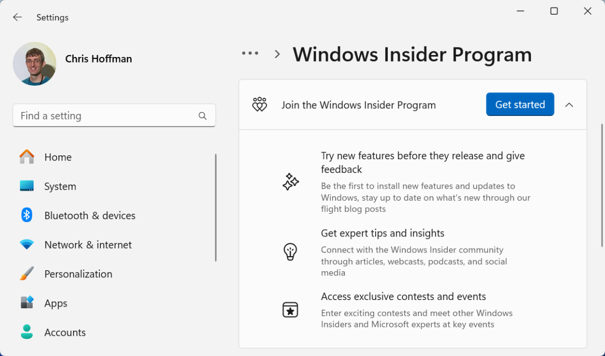 Windows Insider Program call to get started within Windows 11 screenshot