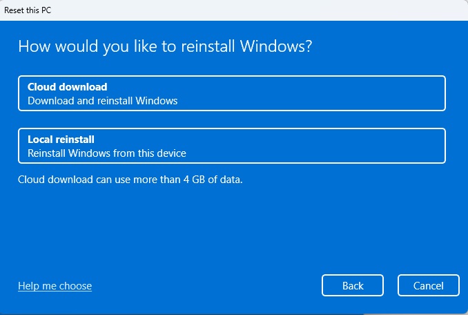 Windows reset cloud download