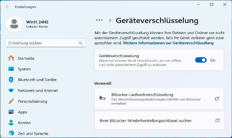 Bei der Windows-Neuinstallation wird die Festplattenverschlüsselung auch in der Home-Version standardmäßig aktiviert. Wenn man sie nicht ausschaltet, sollte man unbedingt den Wiederherstellungsschlüssel sichern.