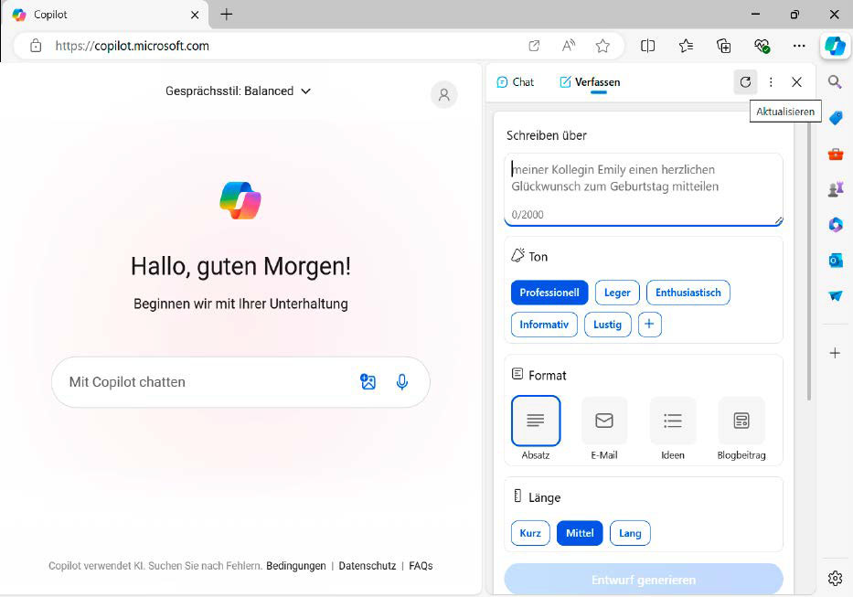 Die Funktionen der neuen Copilot-App sind derzeit noch stark beschränkt. Insbesondere beim Erstellen von Texten bietet Copilot im Browser mehr Einstellungen (rechts).